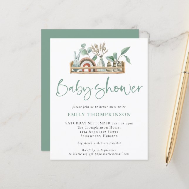 Lámina Invitación Baby Shower de Budget Boho Shelf Toys S (Anverso/Reverso In Situ)