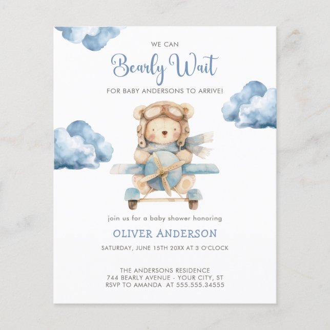 Lámina Invitación Baby Shower de Budget BoyTeddy Bear (Anverso)