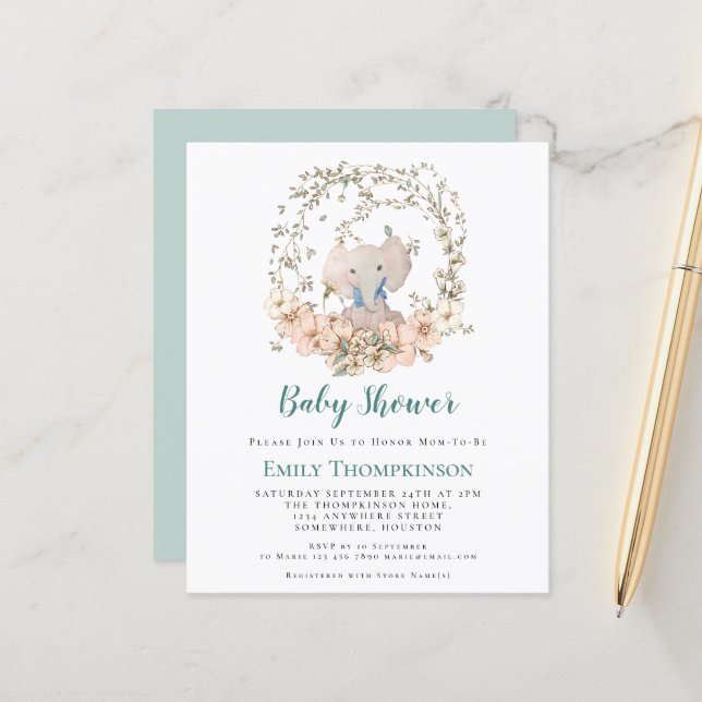 Lámina Invitación Baby Shower de Budget Elephant Foliage  (Anverso/Reverso In Situ)