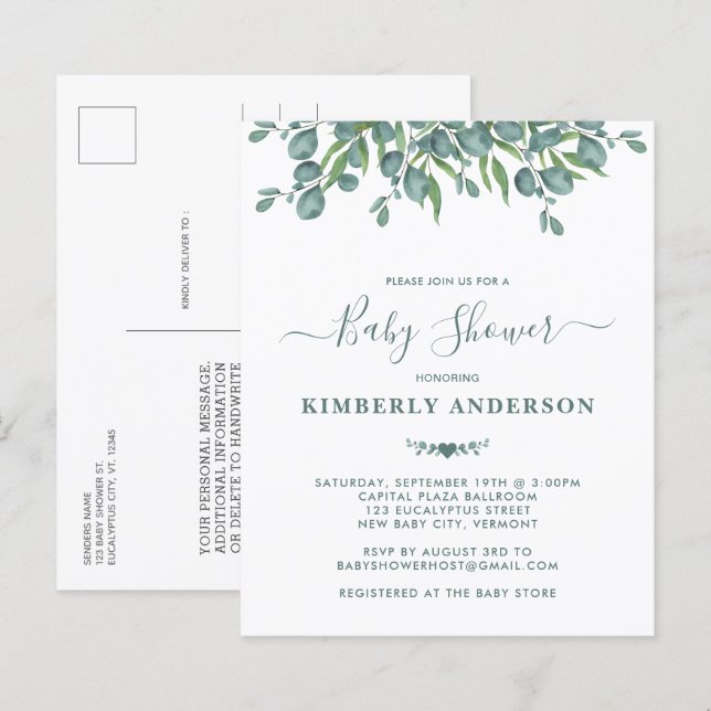 Lámina Invitación Baby Shower de Budget Eucalyptus Greene (Anverso / Reverso)
