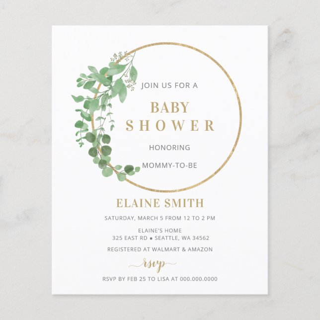Lámina Invitación Baby Shower de Budget Greenery Gold (Anverso)