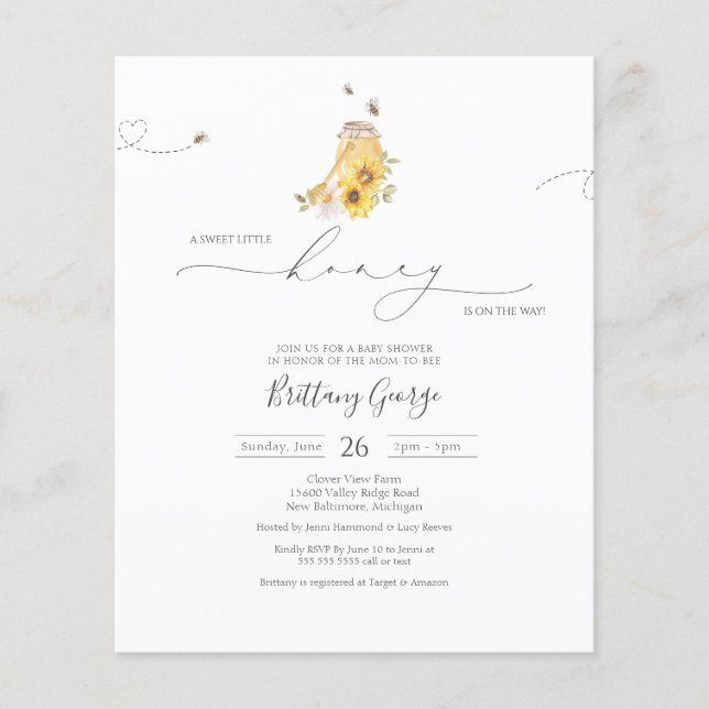 Lámina Invitación Baby Shower de Budget Little Honey Bee (Anverso)