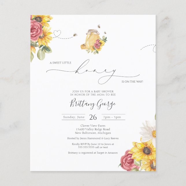 Lámina Invitación Baby Shower de Budget Little Honey Bee (Anverso)