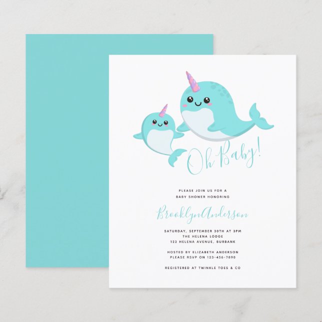 Lámina Invitación Baby Shower de Budget Oh Baby Narwhal (Anverso / Reverso)