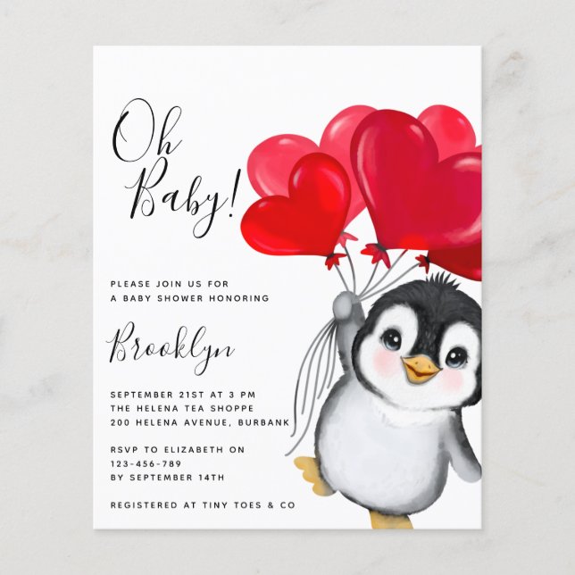 Lámina Invitación Baby Shower de Budget Oh Baby Penguin (Anverso)