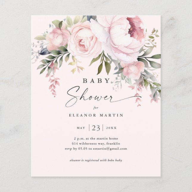 Lámina Invitación Baby Shower de Budget Pink Flowers Gard (Anverso)