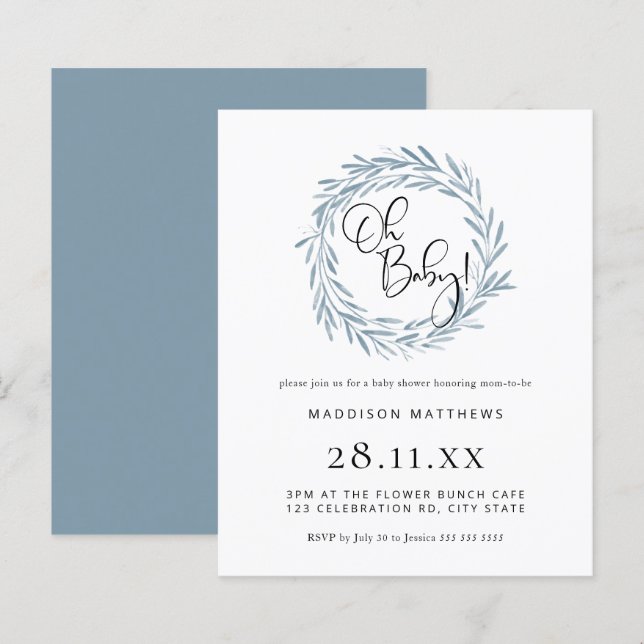 Lámina Invitación Baby Shower de Budget Simple Blue Wreat (Anverso / Reverso)