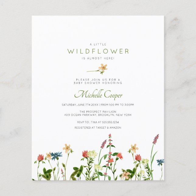Lámina Invitación Baby Shower de Budget Sweet Wildflower (Anverso)