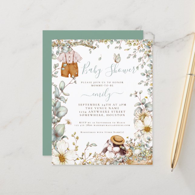 Lámina Invitación Baby Shower de Bunny Sage Boy (Anverso/Reverso In Situ)