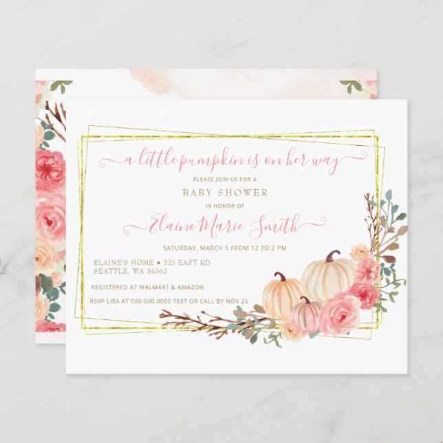 Lámina Invitación Baby Shower de calabaza pequeña de pres (Anverso / Reverso)
