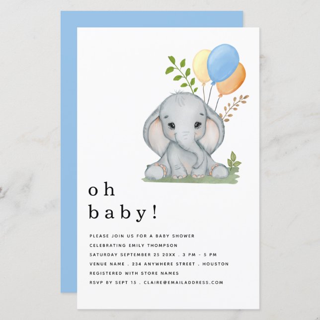 Lámina Invitación Baby Shower de Elephant Blue Boy (Anverso / Reverso)
