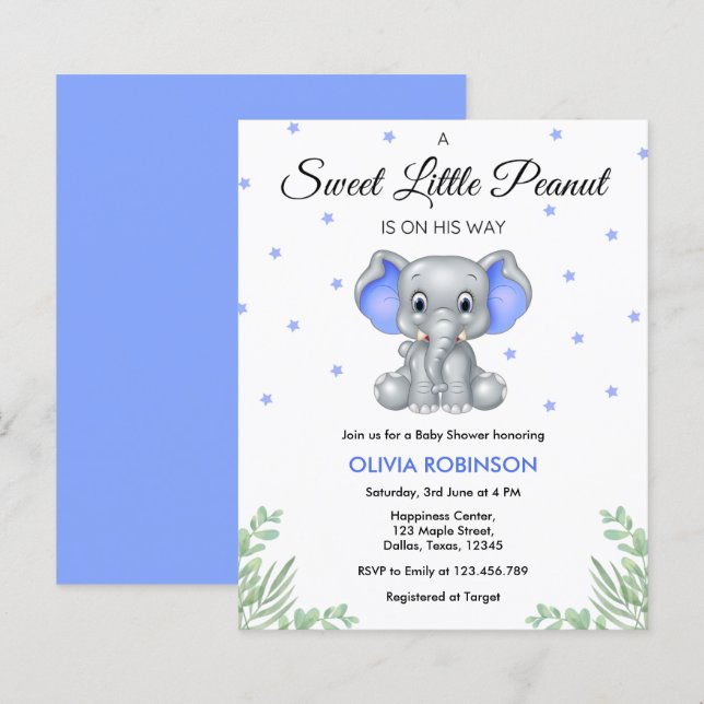 Lámina Invitación Baby Shower de Elephant Blue Boy (Anverso / Reverso)