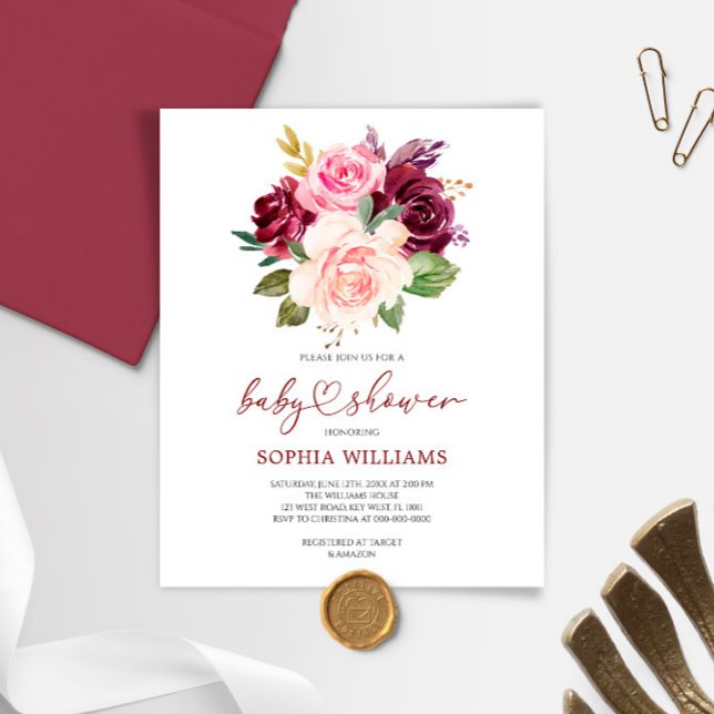 Lámina Invitación Baby Shower de flores de borgoña de pre (Subido por el creador)