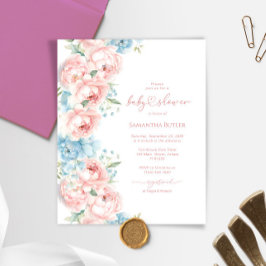 Lámina Invitación Baby Shower de flores rosas y azules de