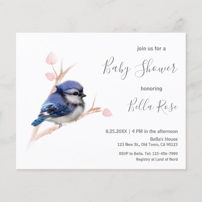 Lámina Invitación Baby Shower de Jay Bird azul con presup (Anverso)