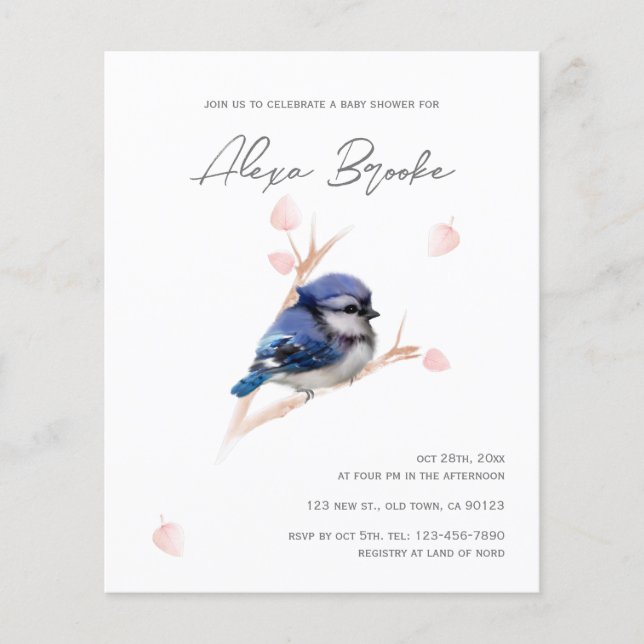 Lámina Invitación Baby Shower de Jay Bird Blue Baby Budge (Anverso)