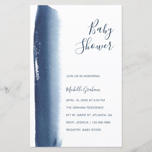 Lámina Invitación Baby Shower de Navy Blue Watercolor Boy (Anverso)