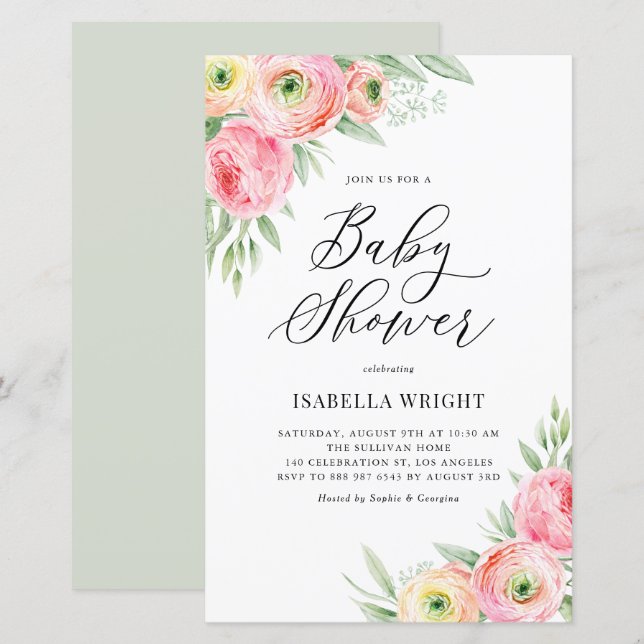 Lámina Invitación Baby Shower de primavera rosada Ranuncu (Anverso / Reverso)