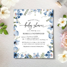Lámina Invitación Baby Shower floral azul elegante de pre