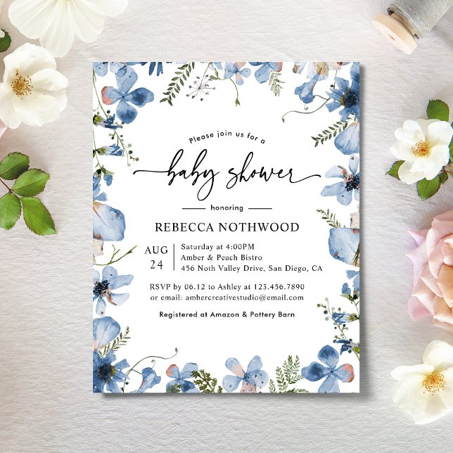 Lámina Invitación Baby Shower floral azul elegante de pre (Subido por el creador)