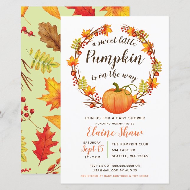 Lámina Invitación Baby Shower neutra a la calabaza de pre (Anverso / Reverso)