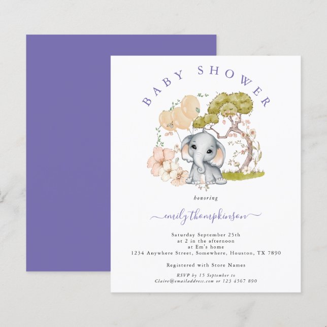 Lámina Invitación Baby Shower para Elephant Lilac Presupu (Anverso / Reverso)