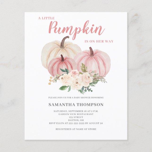 Lámina Invitación Baby Shower rosada de calabaza pequeña  (Anverso)