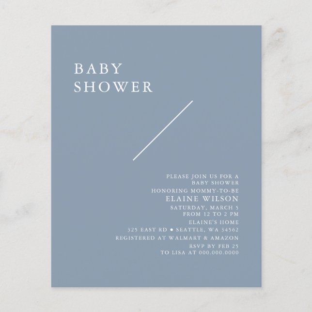 Lámina Invitación Baby Shower simple azul moderno con pre (Anverso)