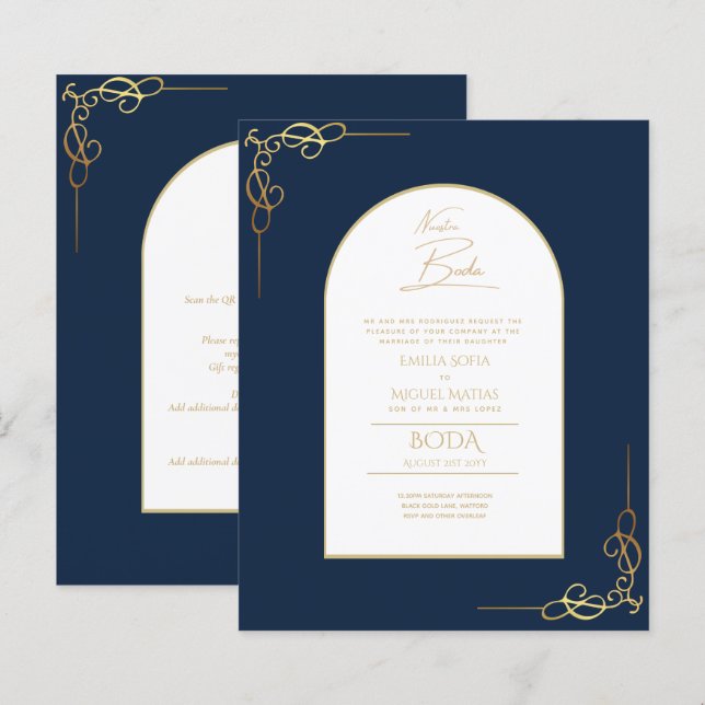 Lámina Invitación bilingüe de acento de oro del presupues (Anverso / Reverso)