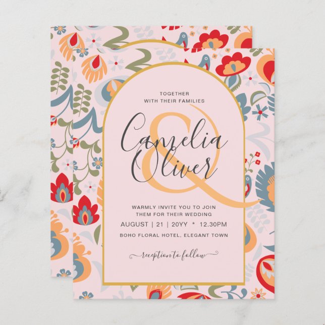 Lámina invitación bilingüe de boda de flores popular, (Anverso / Reverso)