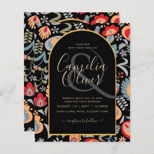 Lámina invitación bilingüe de boda de flores popular, (Anverso / Reverso)