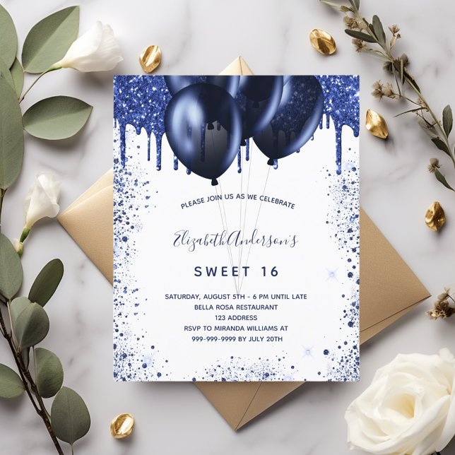 Lámina Invitación blanca azul marino Budget Sweet 16 (Subido por el creador)