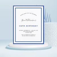 Invitación blanca azul marino de cumpleaños presup