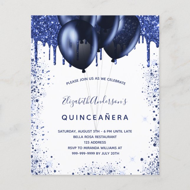 Lámina Invitación blanca azul marino Quinceanera (Anverso)