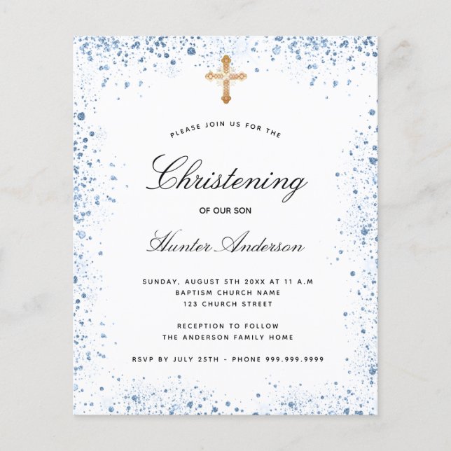 Lámina Invitación blanca azul para el bautizo del presupu (Anverso)