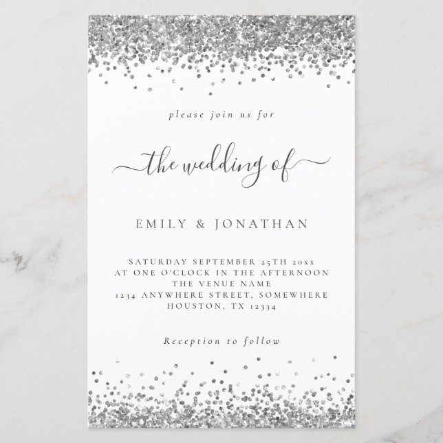Lámina Invitación blanca Boda  Purpurina Plata Presupuest (Anverso)