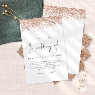 Lámina Invitación blanca de Boda Rosa de Purpurina de oro