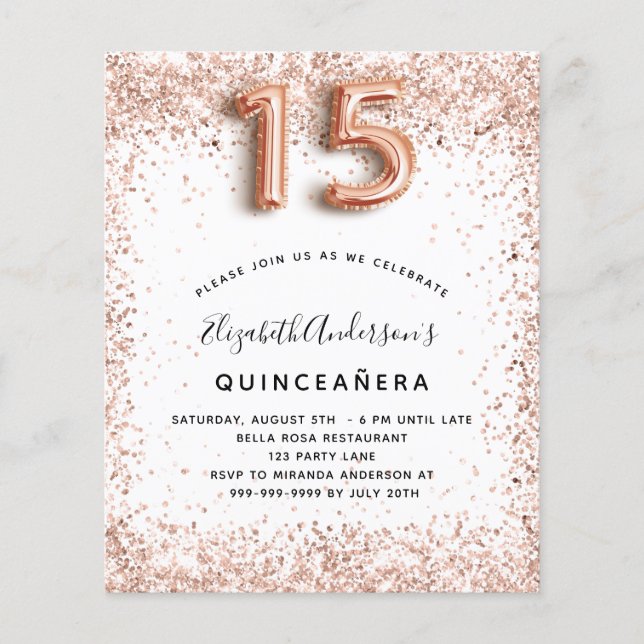 Lámina Invitación blanca de oro rosa Quinceanera (Anverso)