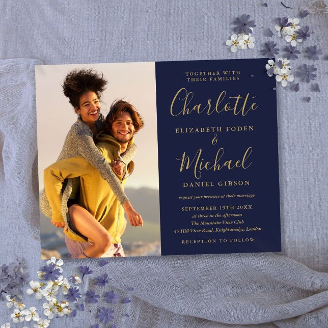 Lámina Invitación Blue And Gold Del Boda De Fotografía Pr (Budget Photo Wedding Navy Blue And Gold Invitation)