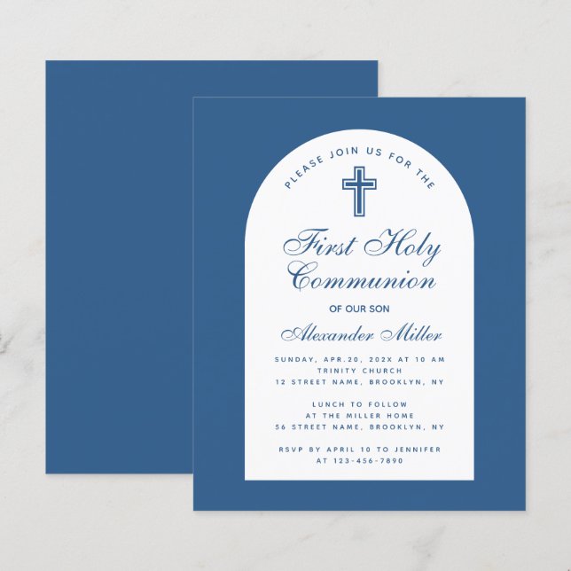 Lámina Invitación clásica azul para primera comunión con  (Anverso / Reverso)