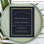 Lámina Invitación clásica de oro azul para cumpleaños<br><div class="desc">Fondo azul oscuro,  decoración con un marco de imitación de oro. Personalice y agregue un nombre y detalles del fiesta. El nombre está escrito con un guión elegante de estilo con letras a mano. Fondo azul.</div>