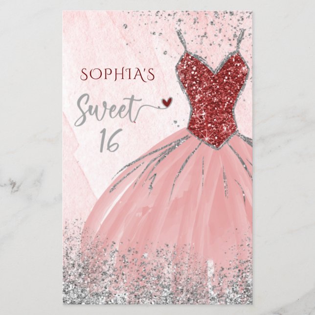 Lámina Invitación de 16 bebete con vestido de plata roja  (Anverso)