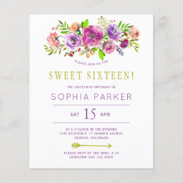 Lámina Invitación de 16 cumpleaños de Sweet, floral y púr