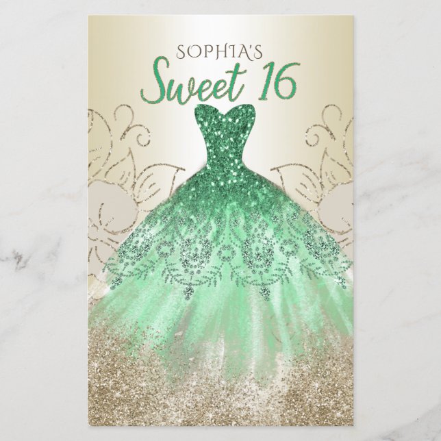 Lámina Invitación de 16 Dulce de Vestido Verde Oro Presup (Anverso)