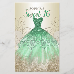 Lámina Invitación de 16 Dulce de Vestido Verde Oro Presup