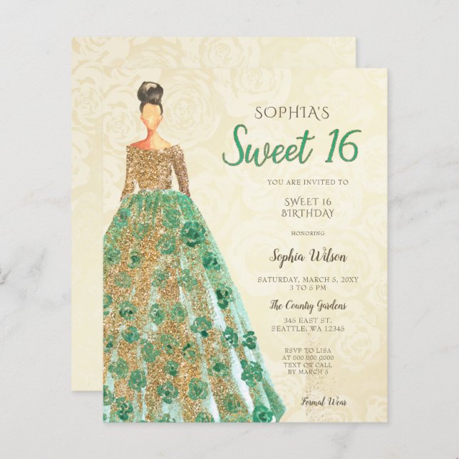 Lámina Invitación de 16 Dulce de Vestido Verde Oro Presup (Anverso / Reverso)
