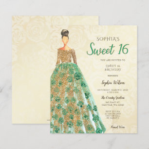 Lámina Invitación de 16 Dulce de Vestido Verde Oro Presup