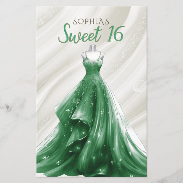 Lámina Invitación de 16 Dulce de Vestido Verde Oro Presup (Anverso)