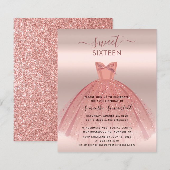 Lámina Invitación de 16 personas a purpurina Rosa Gold Sc (Anverso / Reverso)