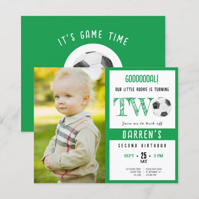 Lámina Invitación de 2º cumpleaños de la foto verde del f (Anverso / Reverso)
